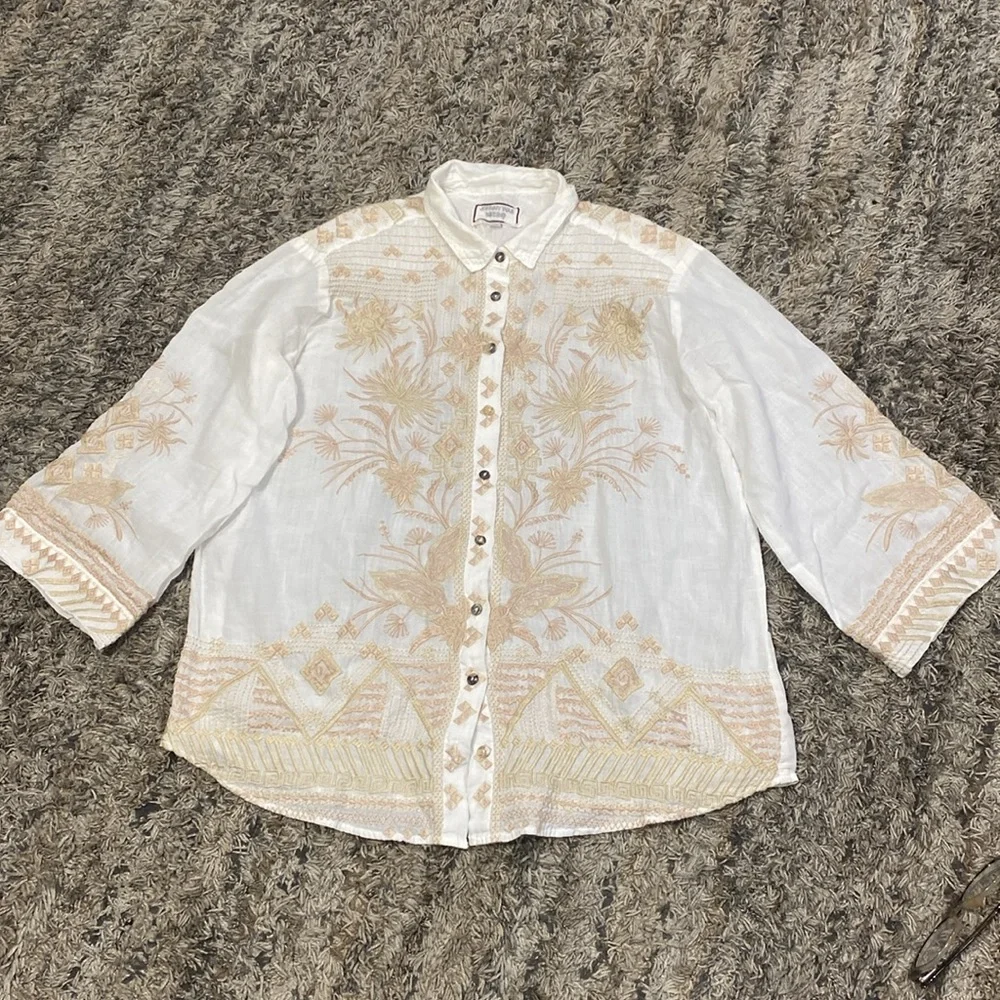 Johnny Was Devere Kimono Sleeve 100% Ramie embroidered button down blous… - Picture 12 of 15